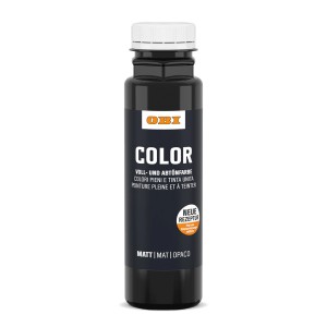 Schwarze OBI Color Voll- und Abtönfarbe (250ml) in Kunststoffflasche.