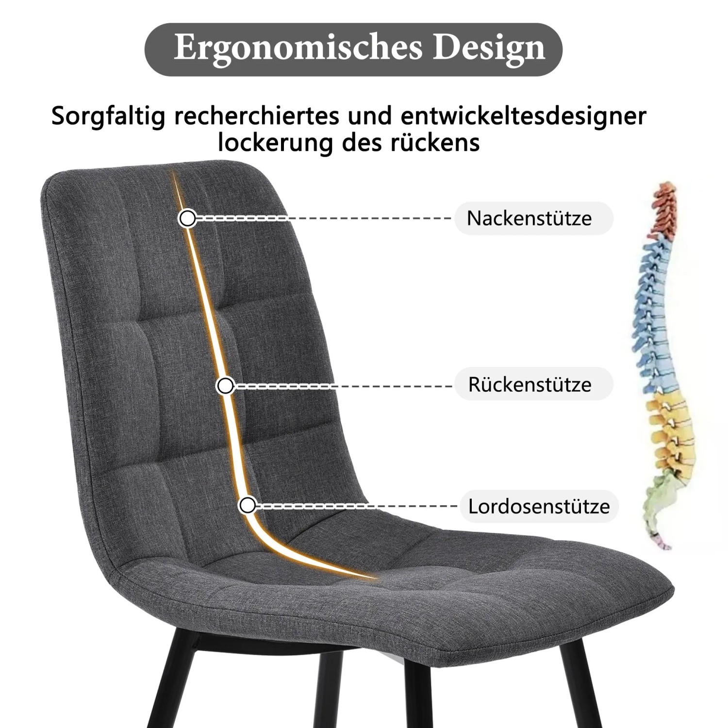 Grauer Esszimmerstuhl mit ergonomischer Rückenlehne, Nacken-, Rücken- und Lordosenstütze für Komfort im Essgruppen Set.