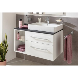 Fackelmann Waschbeckenunterschrank OXFORD, weiß, 60 cm breit, mit zwei Schubladen und offenem Regal.