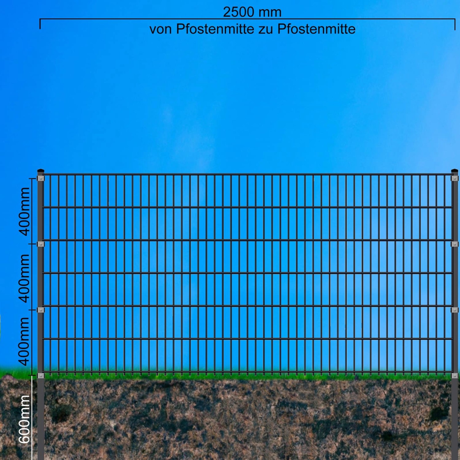 Moosgrüne Doppelstabmatte 6/5/6 mm, 250x123 cm, als Gartenzaun mit Pfosten im Querschnitt.