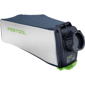 Festool Staubsack für Sägen, dunkelblau-weiß mit grünem Logo und schwarzem Anschluss. Staubfangbeutel für Sägezubehör.
