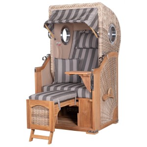 Komplettset: Einzel-Strandkorb Ammersee aus Teak mit Bullauge, Schutzhülle, Rollen und Becherhalter.