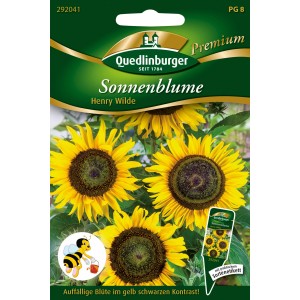 Samenpackung Quedlinburger Sonnenblume 'Henry Wilde' mit gelb-schwarzen Blüten.
