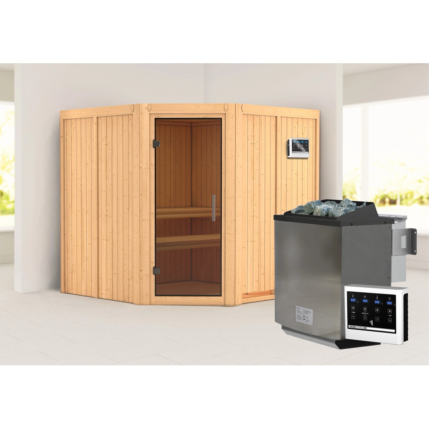 Karibu Sauna Jorma mit Bio-Ofen externe Stg.Natur
