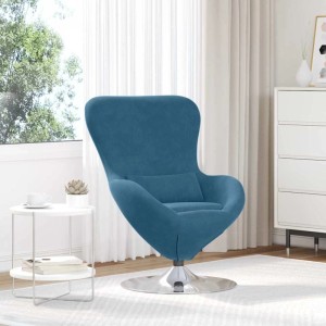 Blauer Samt Eiersessel mit hoher Rückenlehne und drehbarem Metallfuß, als Loungesessel im Wohnzimmer.