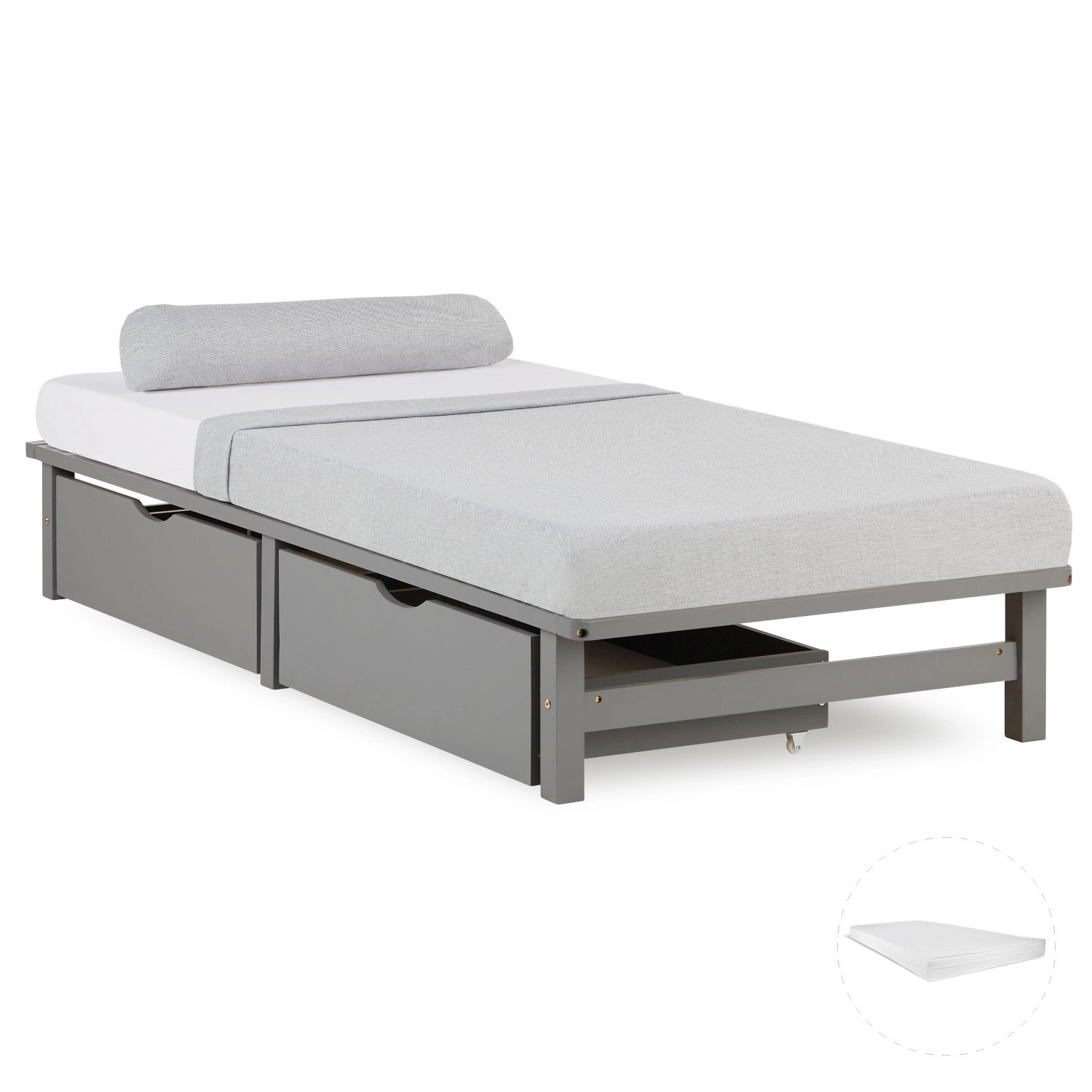 Homestyle4u Holzbett Jugendbett Palettenbett 90x200 mit Matratze 2 Bettkästen Grau 3043