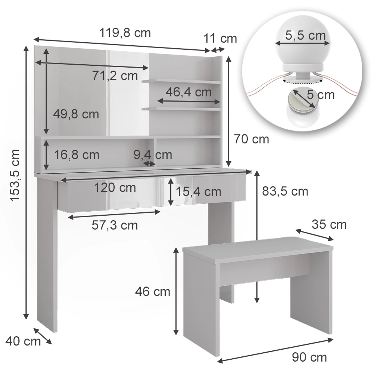 Vicco Schminktisch Azur Weiß/Weiß Hochglanz 120 cm mit Spiegelregal Bank & günstig online kaufen