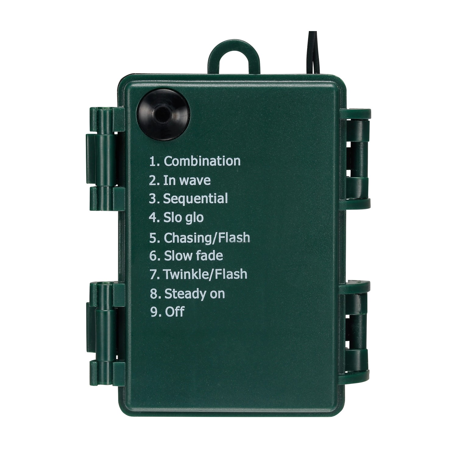 Detailaufnahme der Steuerungseinheit einer LED-Lichterkette mit verschiedenen Leuchtmodi.