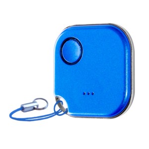 Blauer Shelly Button Blu für Hausautomation mit Trageschlaufe.
