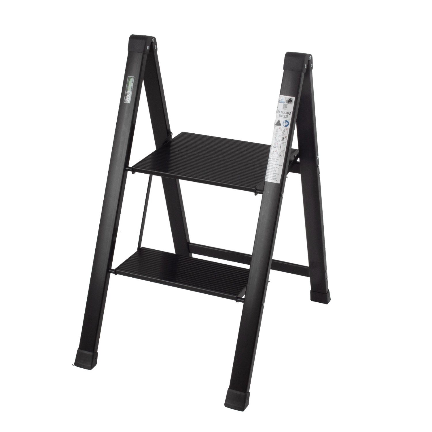 Schwarze, klappbare TRUTZHOLM Trittleiter mit 2 Stufen aus Aluminium, bis 150 kg belastbar.