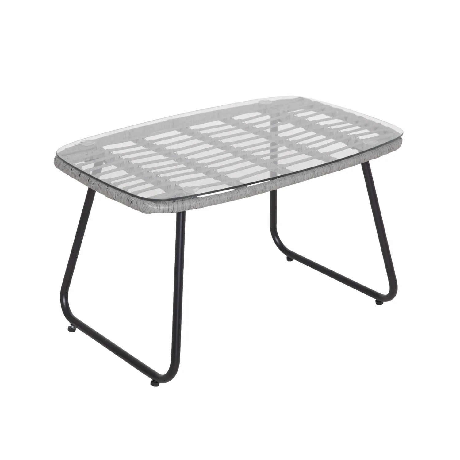 Tisch aus dem Svita Capri Balkonmöbel-Set: Polyrattan, Glasplatte, schwarze Metallbeine.