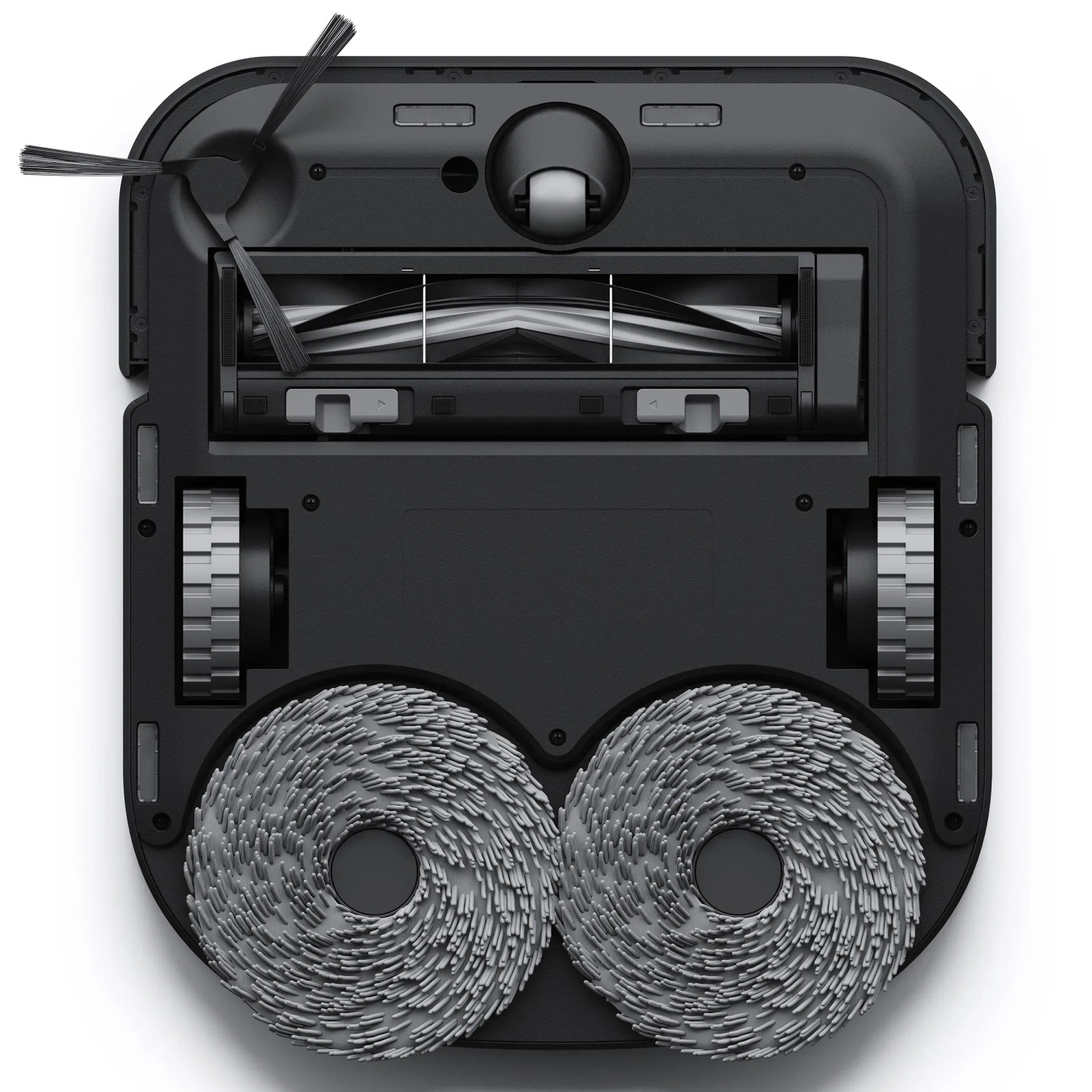 Unterseite des ECOVACS DEEBOT X2 OMNI Saug- und Wischroboters mit Bürsten und Rädern.