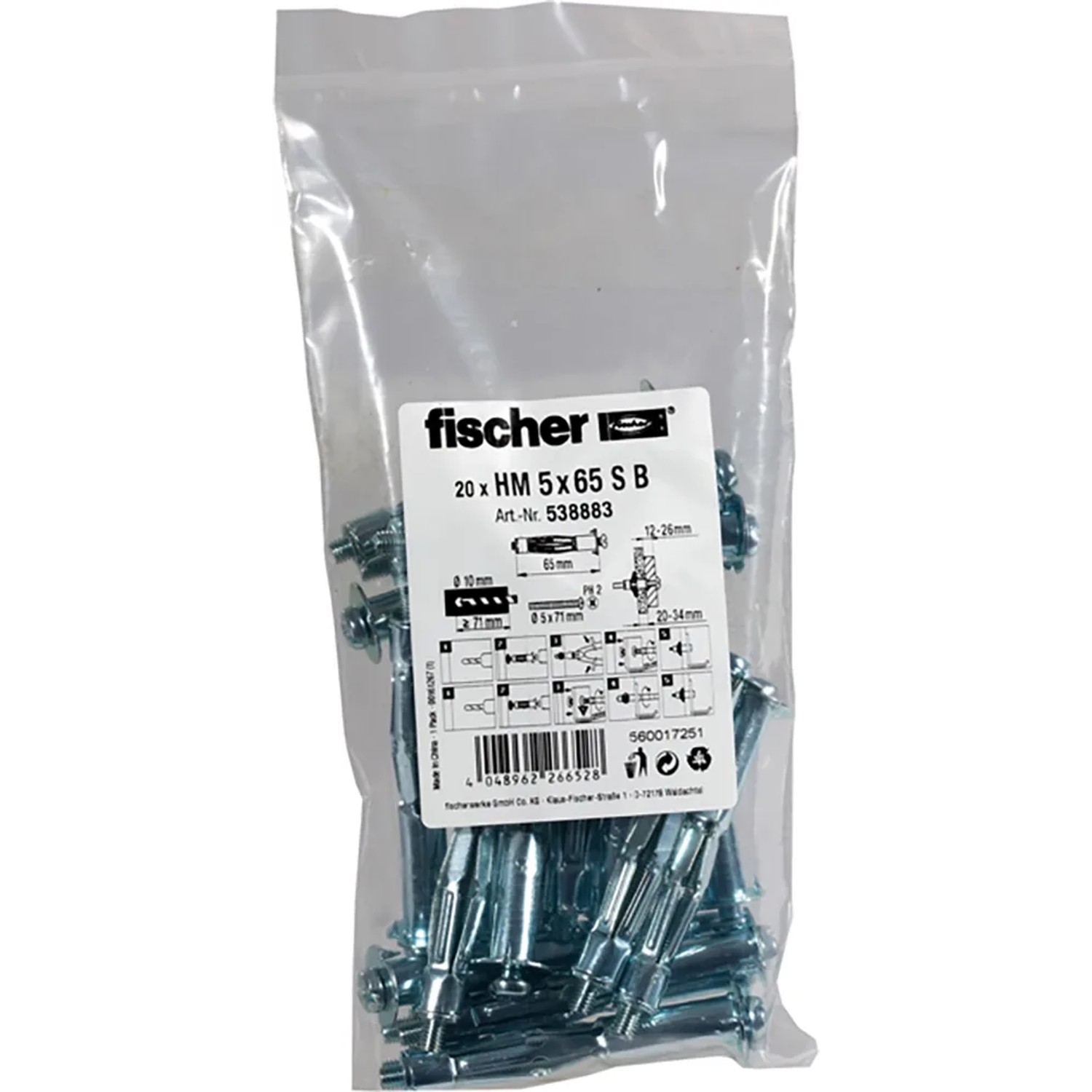 Fischer Hohlraumdübel HM 5x65, 20er-Pack: Metall-Dübel mit Schrauben für Gipskarton & Co.