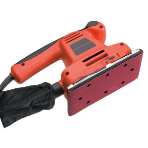 Roter Schwingschleifer mit Schleifstreifen K40 für Holz und Metall, inklusive Staubbeutel.