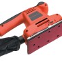 Roter Schwingschleifer mit Schleifstreifen K40 für Holz und Metall, inklusive Staubbeutel.