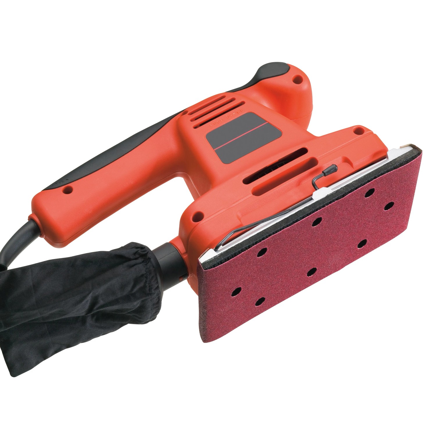 Roter Schwingschleifer mit Schleifstreifen K40 für Holz und Metall, inklusive Staubbeutel.