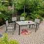 Graue 5-teilige Sitzgruppe Olivia aus Aluminium und Nonwood im Garten.