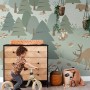 ESTAhome Fototapete Wald mit Tieren, grüne Vliestapete für Kinderzimmer, 200x279 cm.