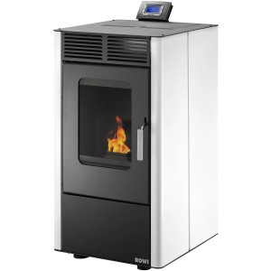 Weißer Rowi Pelletofen Modesto 6 kW mit digitaler Steuerung und Flamme im Brennraum.