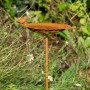 Metall Insektentränke/Vogeltränke aus Cortenstahl mit Edelrost-Patina und Ziervogel im Garten.