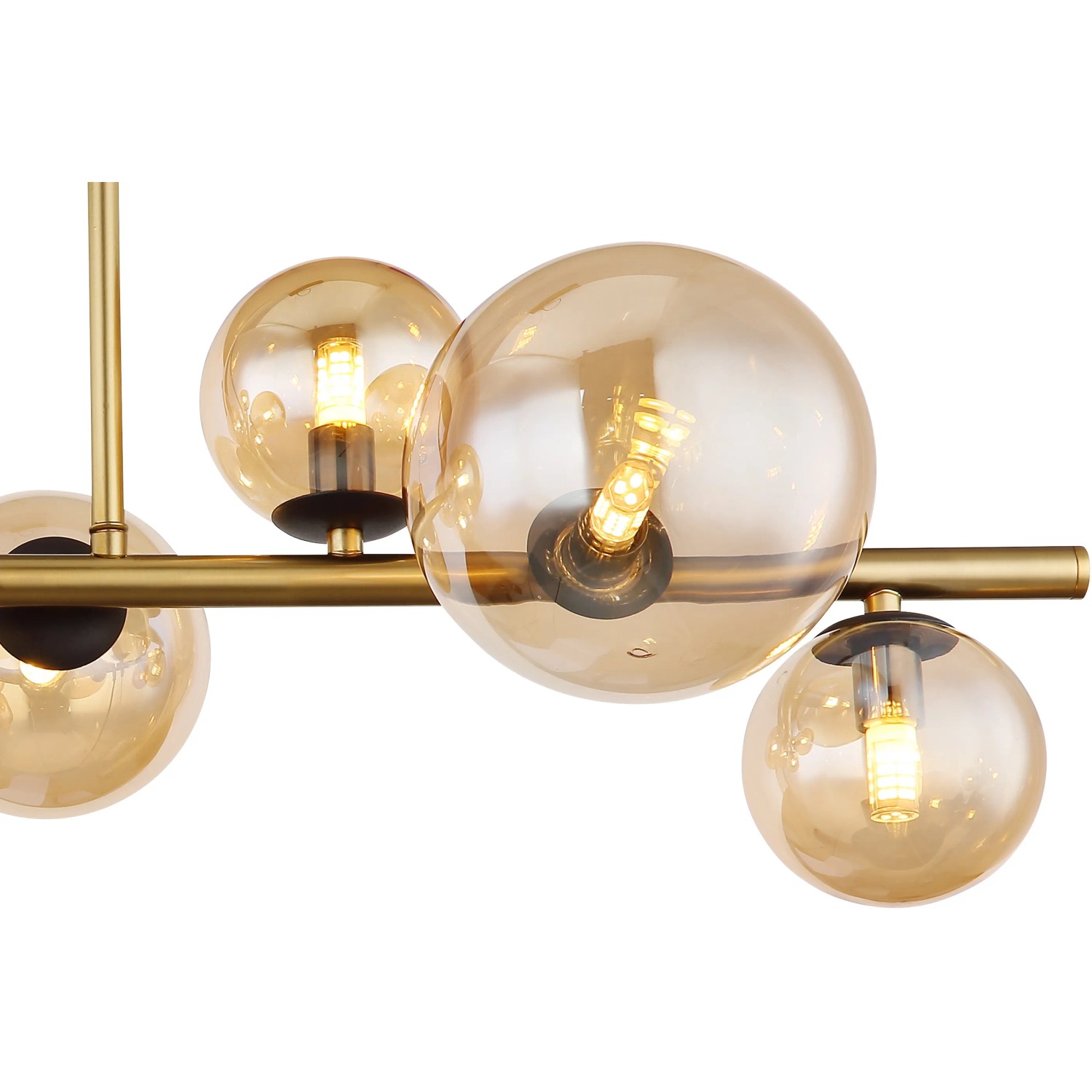 Moderne, 9-flammige LED-Deckenleuchte Riha in Schwarz matt mit amberfarbenen Glaskugeln.