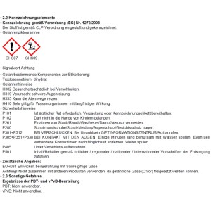 Gefahrhinweise und Sicherheitshinweise für chemische Produkte: Achtung, gesundheitsschädlich und umweltgefährdend.