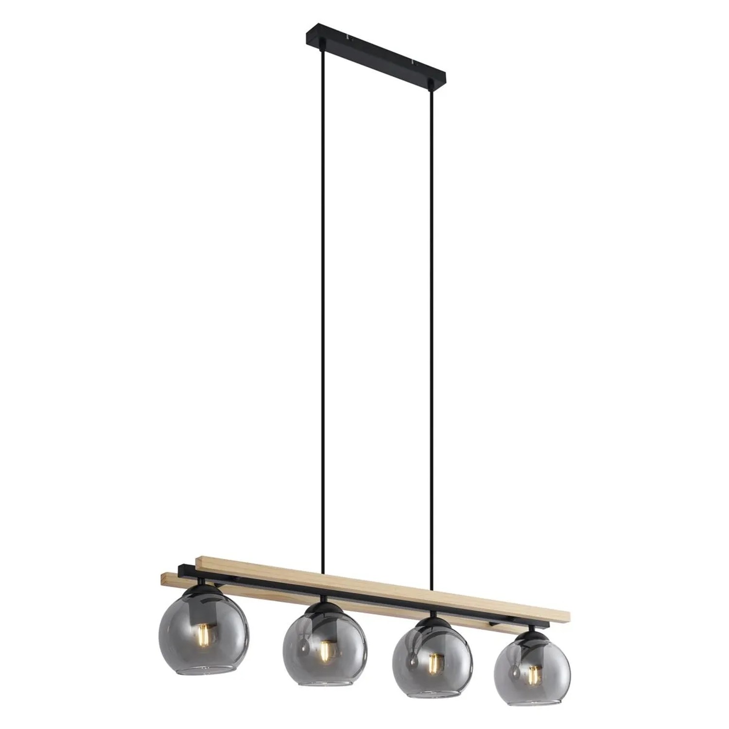 QAZQA Moderne Hängelampe Schwarz mit Holz und Rauchglas 4 Flammig Aleks