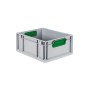Graue PROREGAL Eurobox mit grünen Griffen, 17x30x40 cm, als Aufbewahrungsbox.
