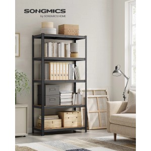 Songmics Standregal, 50x100x200 cm, braun-schwarz, mit fünf Ablagen im Wohnzimmer.
