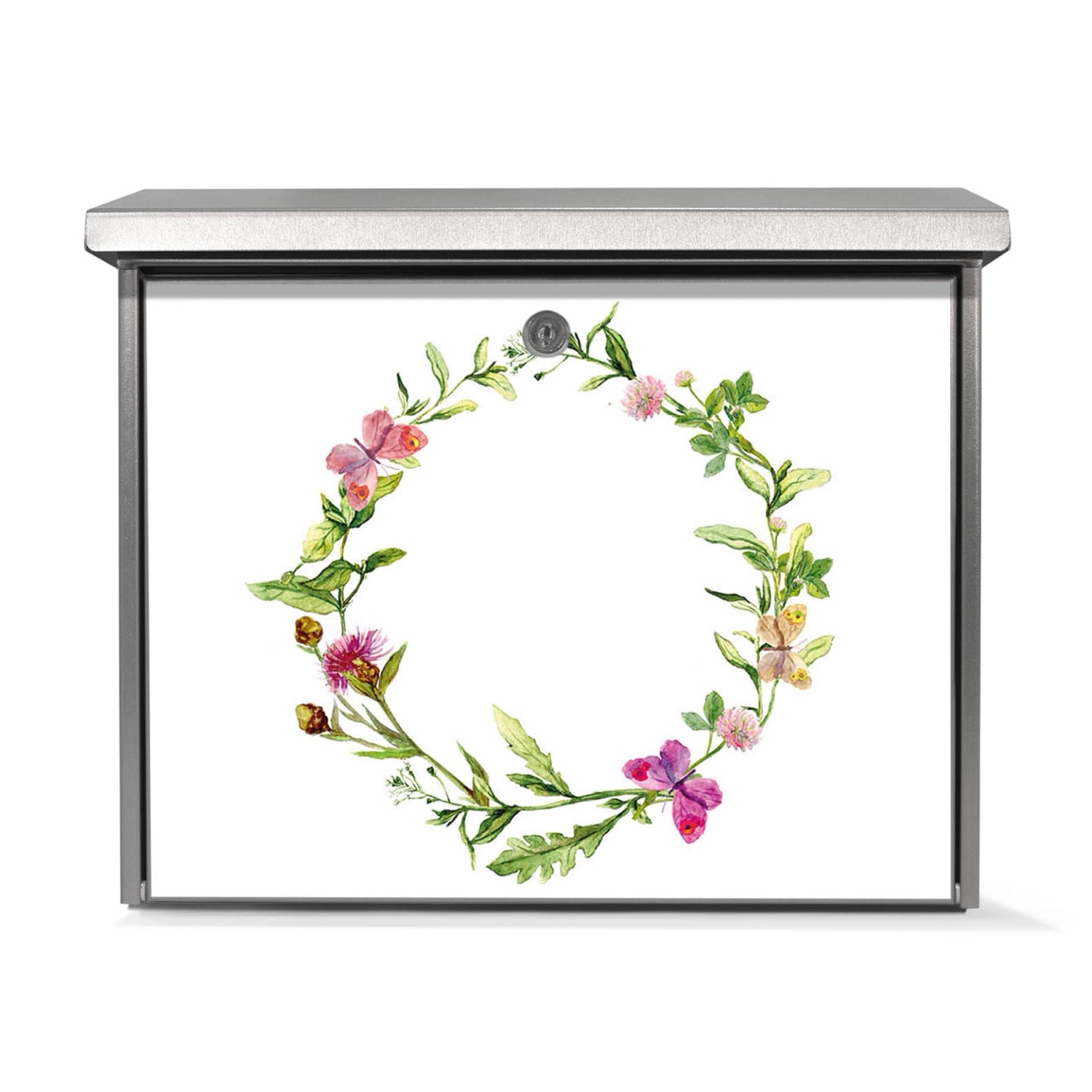 Banjado Edelstahl Briefkasten mit Aquarell Blumenring Motiv, 38.5x31.5x12cm.