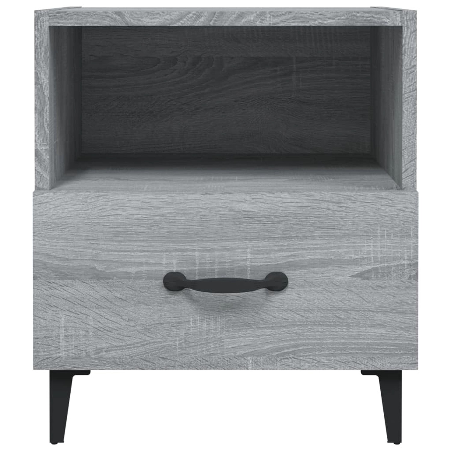 Grauer Nachttisch „Sonoma“ aus Holzwerkstoff mit Schublade und Ablage für Schlafzimmer.