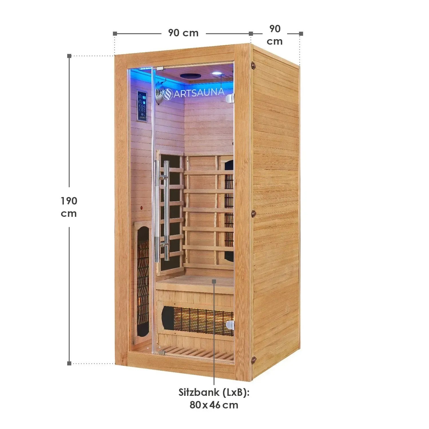 Artsauna Infrarotkabine Kiruna90 aus Hemlockholz mit Glasfront und Maßen.