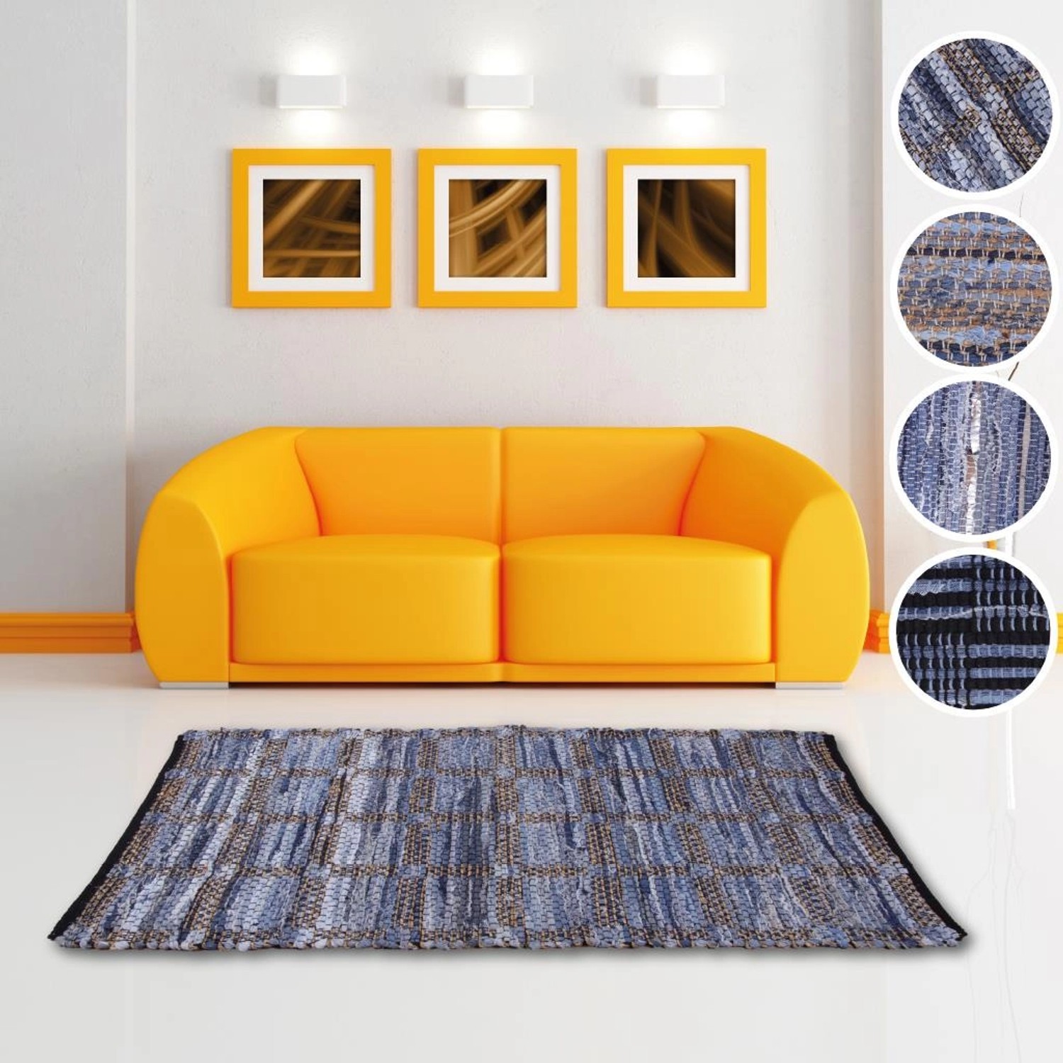 Bestlivings Jeans Flickenteppich 70x180cm, blaue Wollteppich mit Muster.