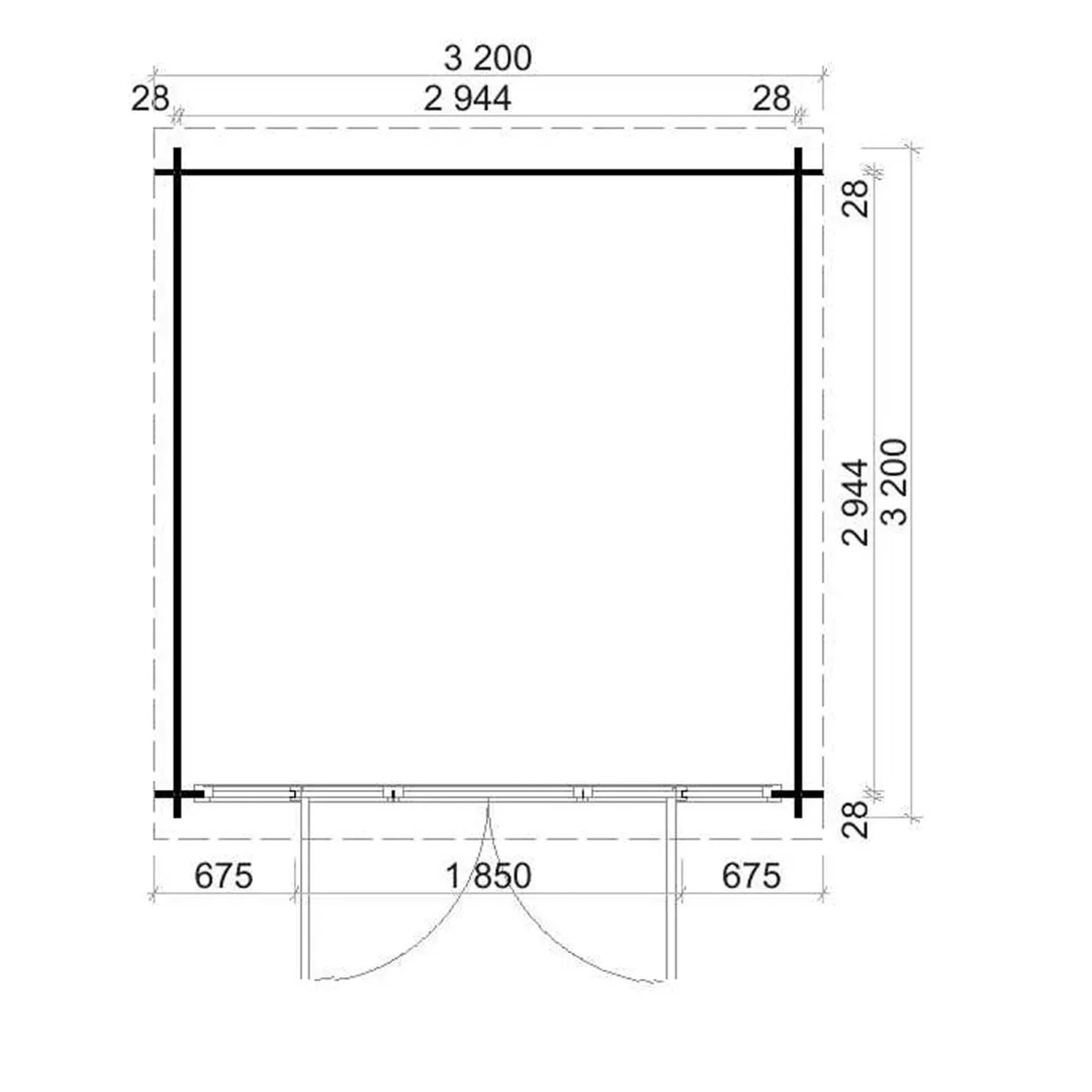 Grundriss Alpholz Gartenhaus Maria-Optima Pultdach, 320x345 cm, zeigt Maße und Türposition.