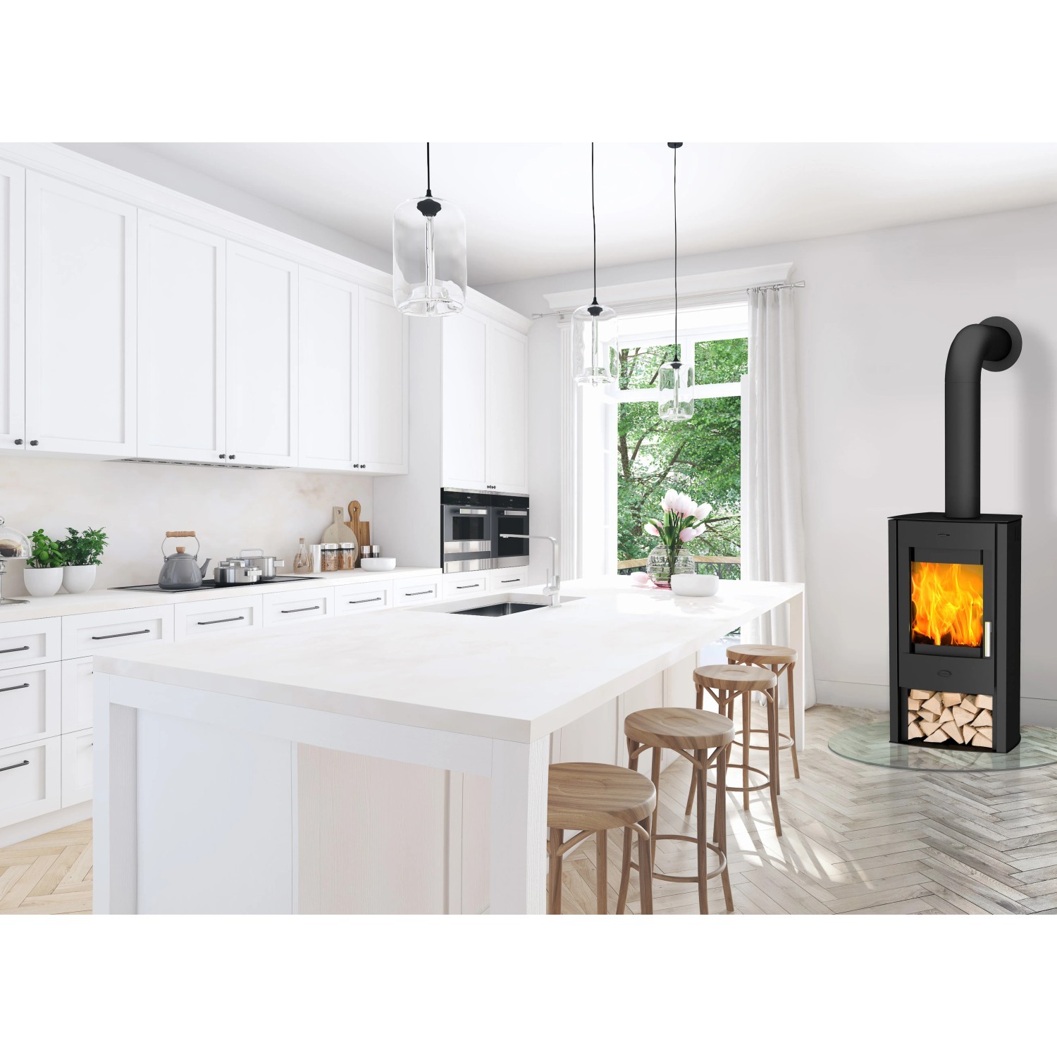 Schwarzer Fireplace Tuvalu Kaminofen (6 kW) im modernen Wohnraum.