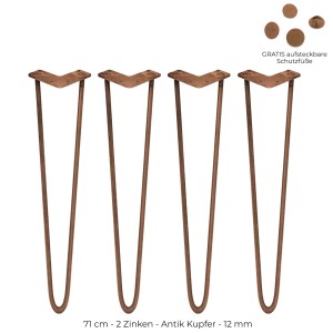 4er Set Hairpin Tischbeine (71cm) in Kupferoptik mit 2 Streben und Bodenschützern.