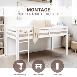 Weißes Homestyle4u Hochbett 90x200 cm mit Leiter. Ideal für Kinder- und Jugendzimmer.