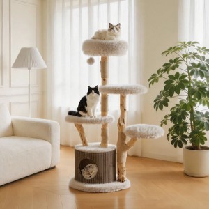 Hoher Wiltec Fudajo Kratzbaum mit Naturholzstämmen, Katzenhaus & zwei Katzen auf den Ebenen.