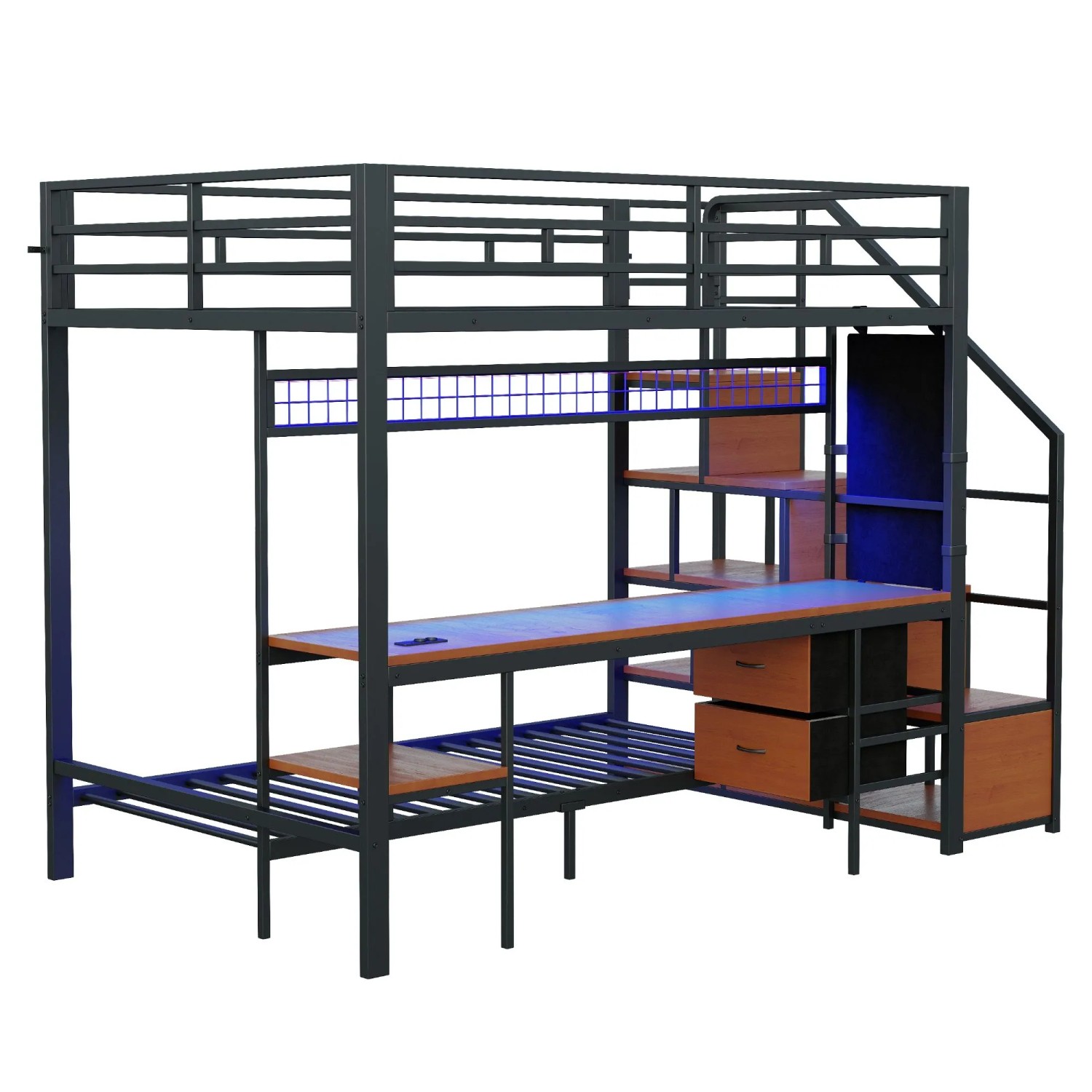 Merax Hochbett 140x200+90x200cm Metall LED Schreibtisch Schwarz