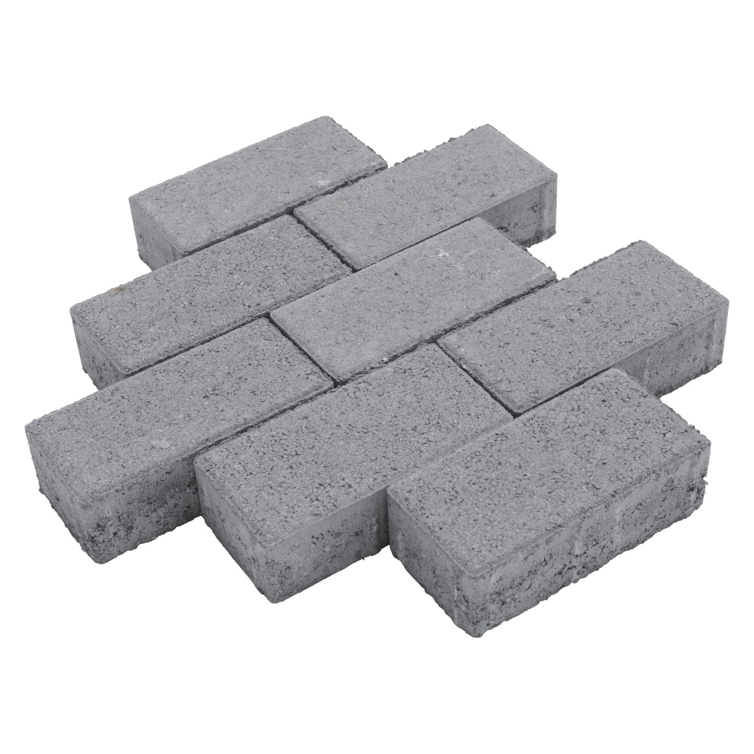 Graue Rechteck-Pflastersteine aus Beton, 20x10x6 cm, im Fischgrätmuster verlegt.