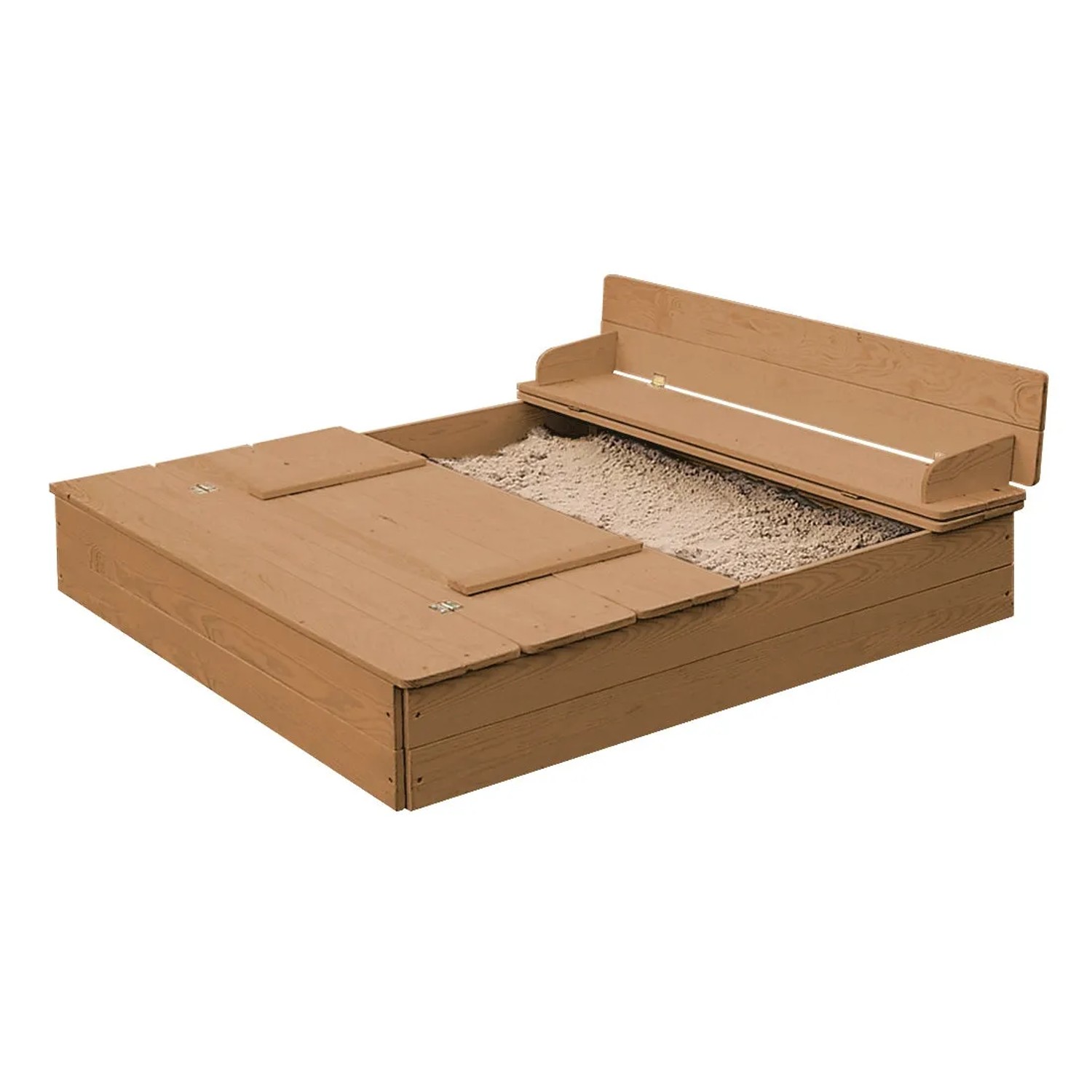 Roba Sandkasten aus Holz in Natur mit klappbarer Sitzbank und teilweise geschlossenem Deckel.