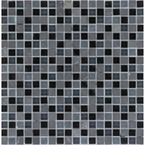 Mosaikmatte Black aus Glas und Marmor, 30x30 cm. Quadratische Mosaikfliesen in Schwarz- und Grautönen.
