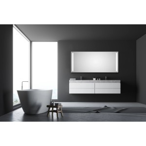 DSK Design LED-Lichtspiegel Silver Dream, 160x70 cm, im modernen Badezimmer mit Badewanne und Waschtisch.