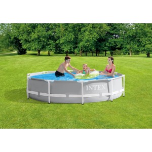 Intex Frame Pool-Set Prism Rondo, Ø 305 cm, grau, mit Familie im Garten.