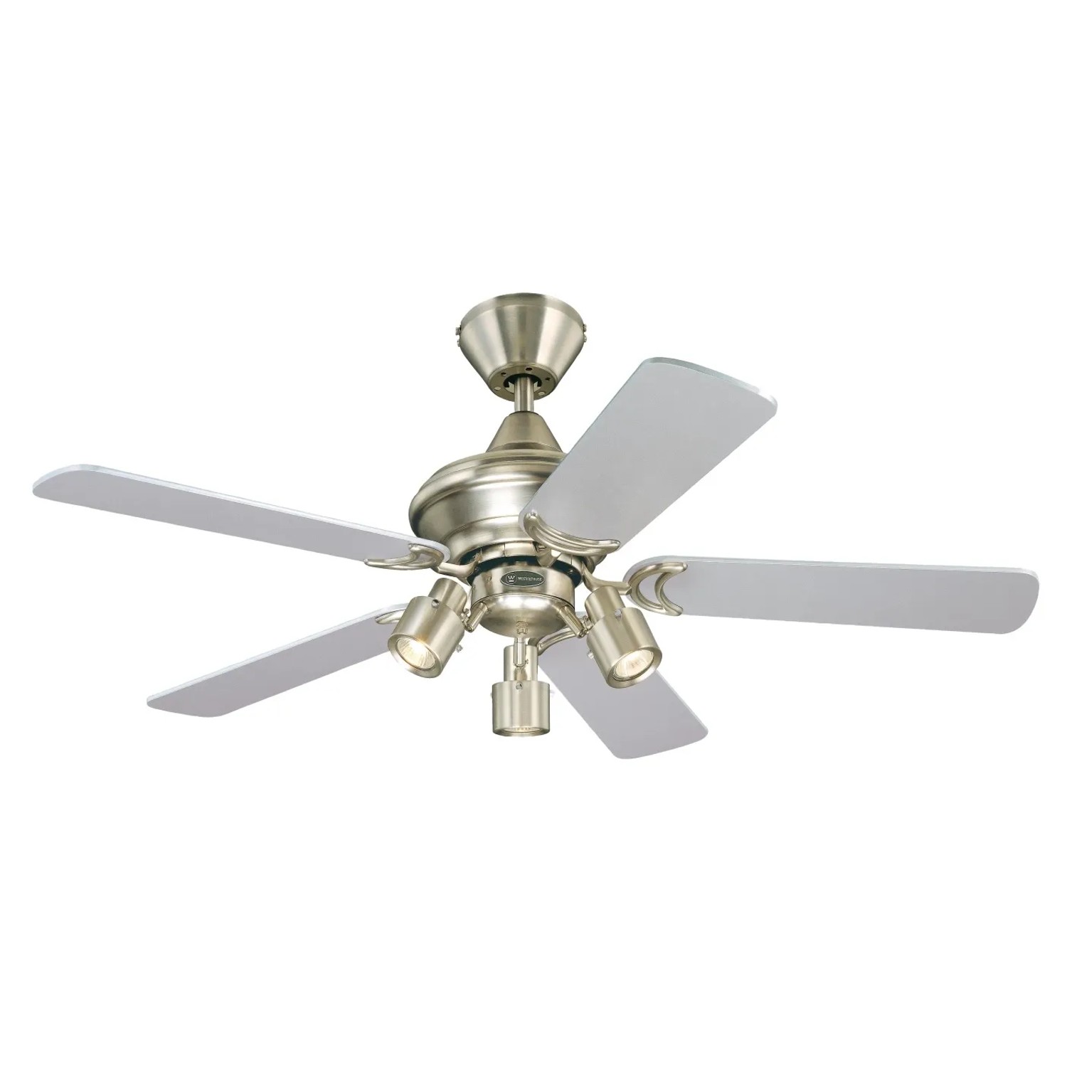 Westinghouse Deckenventilator Kingston mit Beleuchtung, 105 cm Durchmesser, Aluminium gebürstet, Ahorn/Silber Flügel.