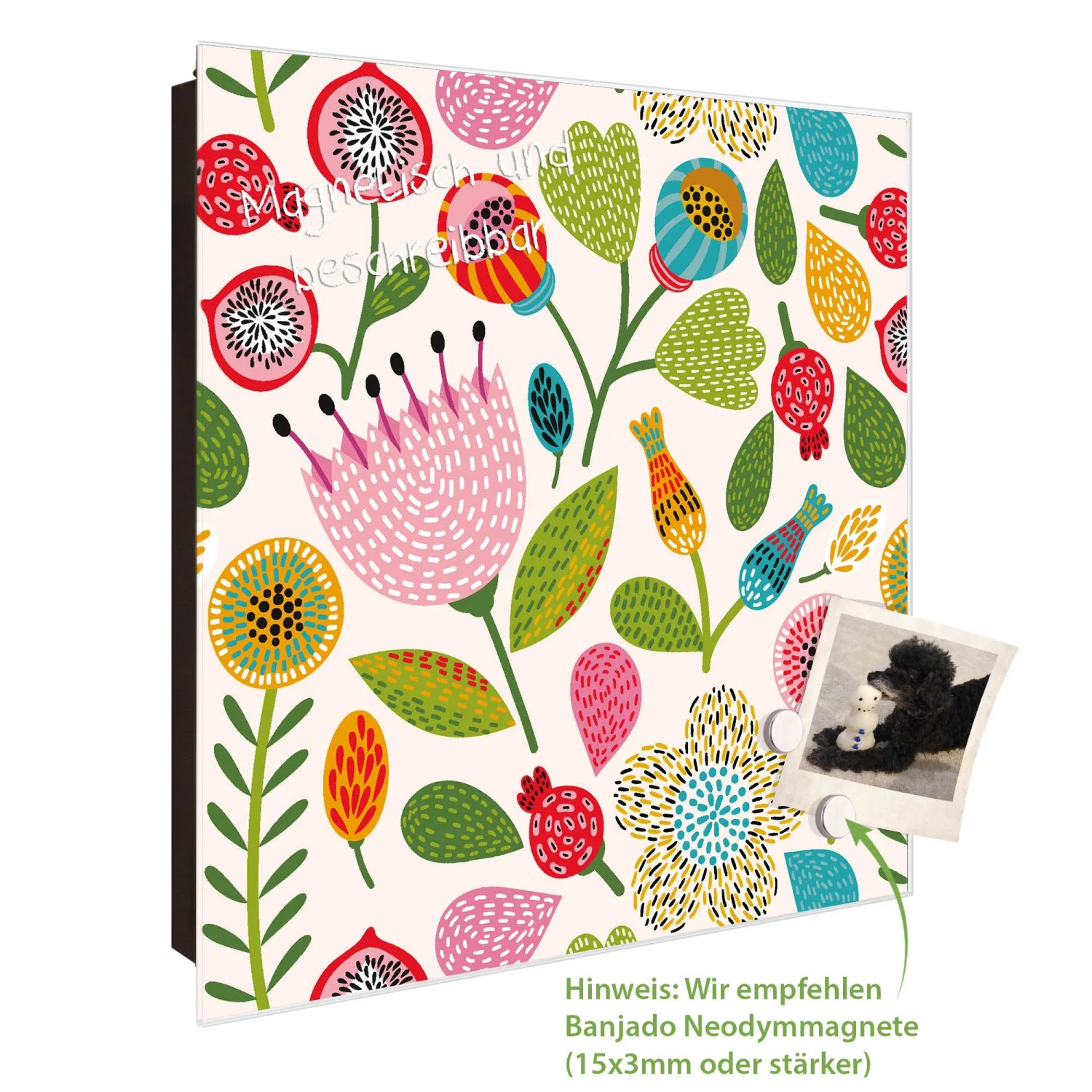 Banjado Schlüsselkasten Glas Schwarz, Motiv Rosa Kelch. Magnetisch, beschreibbar, 50 Haken.