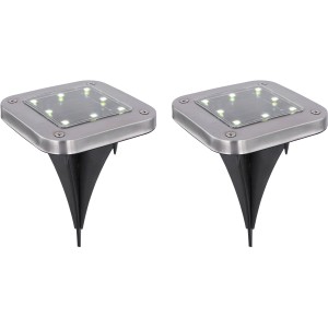 4er Set Globo LED Solar-Bodenstrahler aus Edelstahl mit Erdspieß, quadratisch, flach.