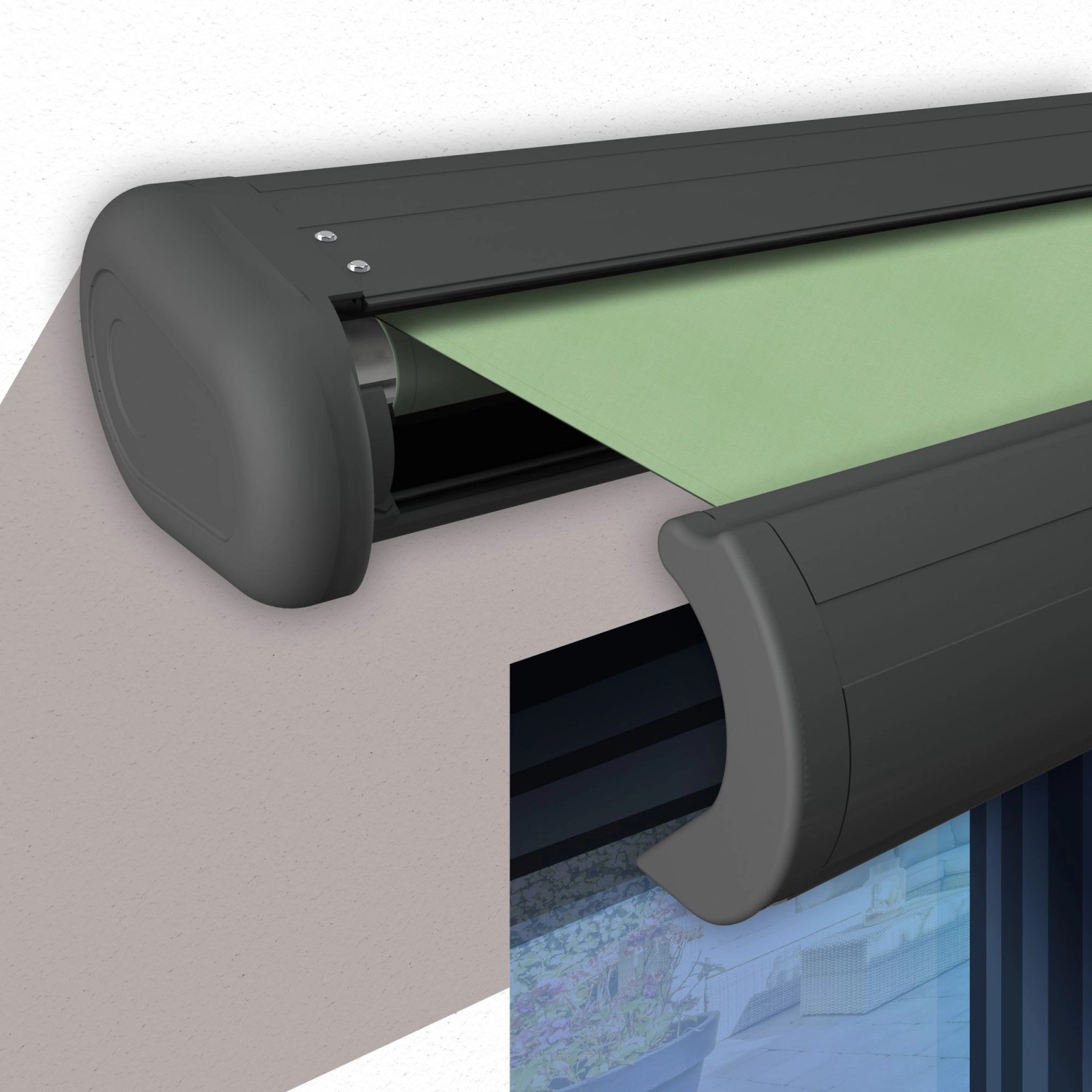 Elektrische Kassettenmarkise in Basaltgrau mit lindgrünem Tuch, teilweise ausgefahren.