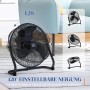 Schwarzer HOMCOM Tischventilator im Retro-Stil mit 120° Neigung für optimale Luftzirkulation.