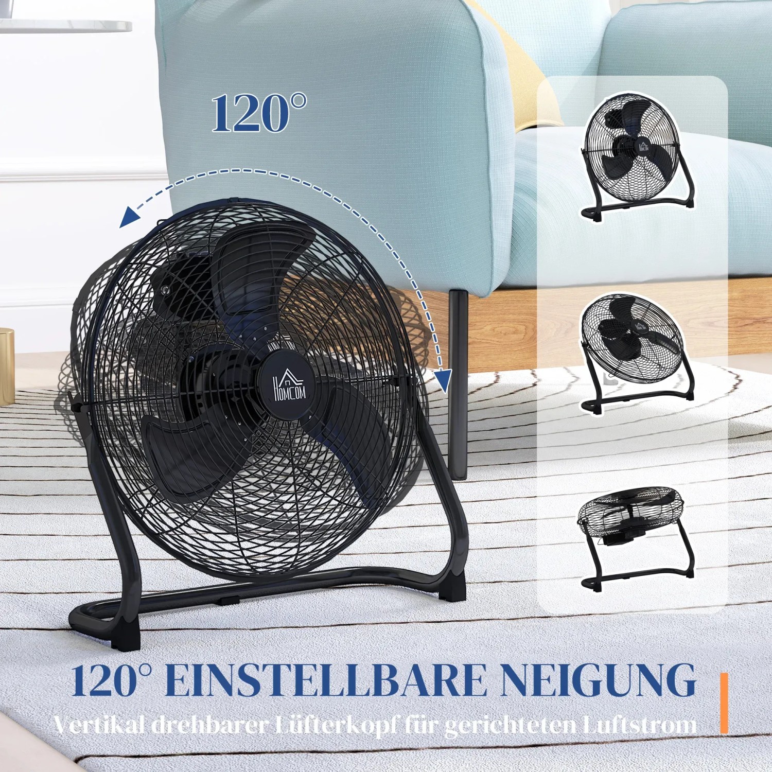 Schwarzer HOMCOM Tischventilator im Retro-Stil mit 120° Neigung für optimale Luftzirkulation.